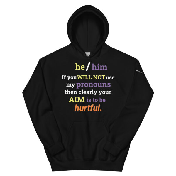 he/him pronouns non-binary hoodie in black