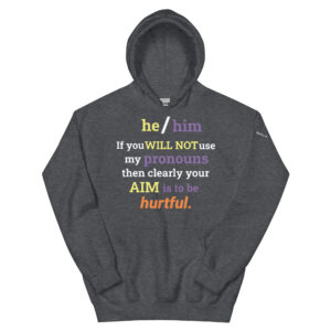 he/him pronouns non-binary hoodie in heather gray