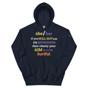 she/her pronouns non-binary hoodie in navy blue