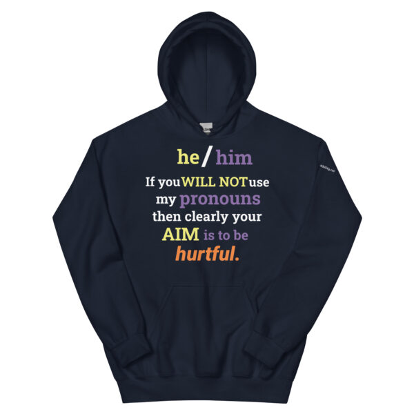 he/him pronouns non-binary hoodie in Navy blue